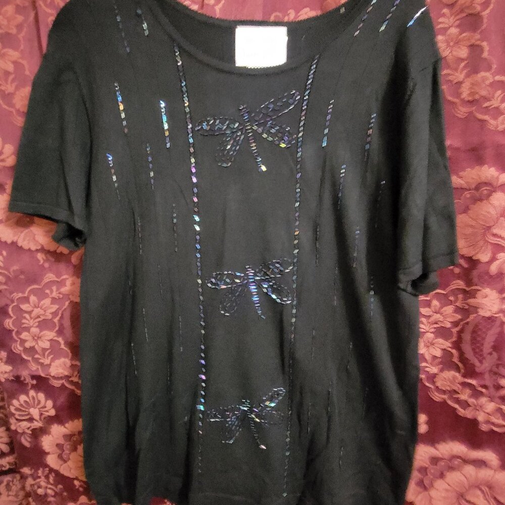 Quacker Factory Beaded Dragonflies Knitted Top Size Med